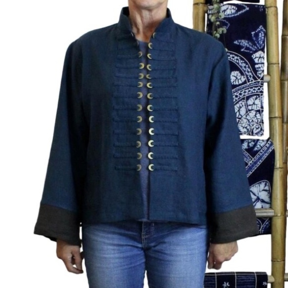 Peacock Ways | Art To Wear Womens Size L Black Linen Military Coin Jacket
